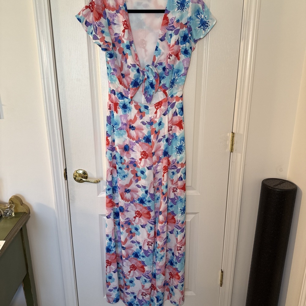 Aura Watercolor Floral Jumpsuit Bow Front Keyhole Wide Leg Wedding Guest Sz S